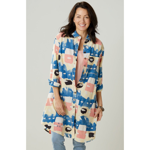 Rima Oversized Button-Down Long Shirt - Buttermilk/Multi Rima Oversized Button-Down Long Shirt - Buttermilk/Multi